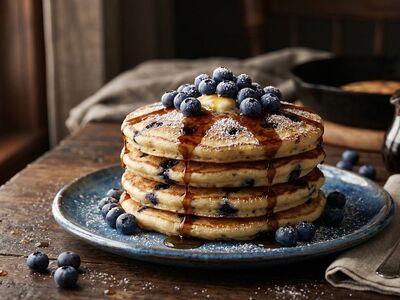 pancakes, blueberries, maple syrup, butter, wooden table, food styling, breakfast, powdered sugar, syrup drizzle, blue plate, fresh berries, leisure, warm morning, artistic photography, cast iron, rustic, linen, soft, comfort food, fork
