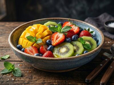 fruit bowl, healthy snack, mango, strawberries, kiwi, blueberries, fresh fruit, mint leaves, rustic ceramic bowl, summer food, wooden table, serving spoons, salt, dark lighting, vibrant colors, vitamins, clean eating, vegetarian, dessert salad, fresh produce