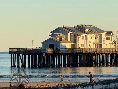 pier, sea, sunset, ocean, california, nature, beach, sand, architecture, wooden structure, lone person, evening, celestial, blue sky, reflection, dawn, water surface, west coast, cabin, balustrade, United States, Santa Barbara, California