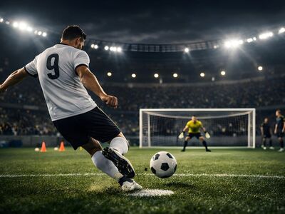 soccer, striker, penalty, goalkeeper, goal, match, stadium, sport, action, competition, intensity, night, energy, focus, dynamic, field, drama, football player, shot, effort