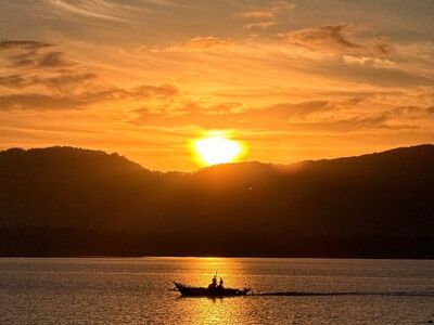 sunrise, nature, mountains, sun, sea, shadow, beach, clouds, horizon, outdoors, boating, rowing, rowboat, sunset, silhouette, boat, calm, peace, peaceful, dawn, reflection, Western Visayas, Philippines, Pandan