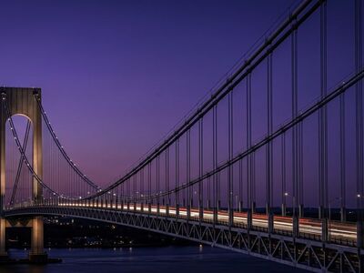 bridge, nature, suspension, cable, architecture, structure, night, twilight, purple sky, long exposure, light trails, river, water, traffic, highway, transportation, engineering, landmark, dusk, evening, infrastructure, dark, moody