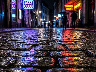 rain, cobblestone, neon, reflection, wet road, evening, urban, alley, night city, bars, puddle, jazz club, wet, bokeh, texture, night photography, colorful light, nature, tribute band, dark, retro, pavement