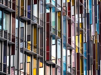 window, building, glass, facade, architecture, modern, pattern, colorful, city, urban, tall, texture, metropolis, shadow, dazzling, composite, lines, reflection, structure, aesthetic