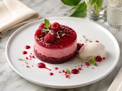 raspberries, food, dessert, ice cream, cheesecake, red fruit, dessert plate, mint garnish, vase with flowers, modern cuisine, gourmet, marble table, gastronomy, artistic presentation, dessert decoration, fresh fruit, red, nature, leaves, dessert sauce