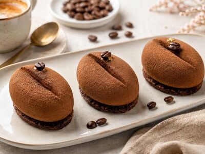 dessert, coffee, macaron, chocolate, coffee beans, espresso, ceramic plate, gold decoration, culinary presentation, whipped cream, decadent, gourmet, sweetness, delicate, beautiful, pastry, decorative, bakery, baking gallery