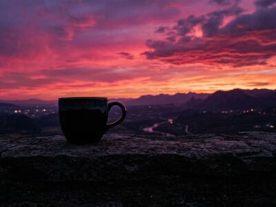 coffee, mug, sunset, mountain, landscape, silhouette, evening, view, balcony, drink, coffee cup, dusk, nature, sky, clouds, horizon, warmth, relaxation, scenery, outdoor, light