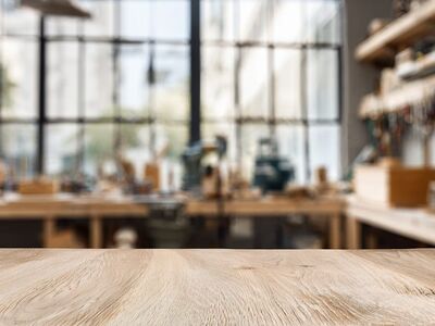 ai generated, table, wood, workshop, blur, background, space, empty, surface, texture, carpentry, interior, room, tools, shelving, material, craft, design, industrial, equipment