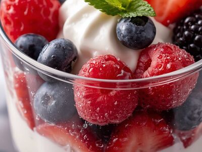 dessert, yogurt, berries, blueberries, raspberry, strawberry, blackberry, cream, mint, glass, sweet, healthy, delicious, fruit, fresh, parfait, layered, dessert glass, refreshing, snack