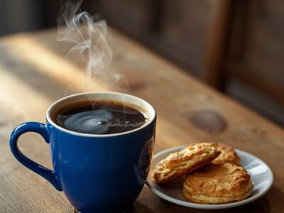 coffee, mug, breakfast, biscuits, steam, pastry, wooden table, comfort, morning, relaxation, coziness, shading, day, rustic, coffee cup, calm, break, cozy, tea, afternoon tea, lighting, afternoon