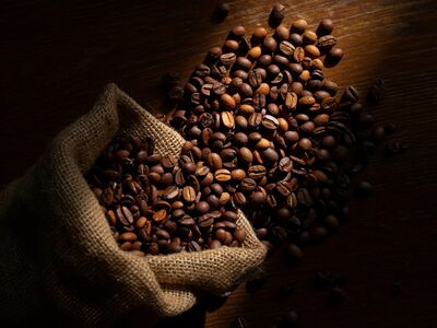 coffee, coffee beans, burlap, sack, texture, wood, shadow, dark background, lighting, traditional, natural, rustic, coffee machine, drink, preparation, aromatic, morning ritual, fresh, calm, delicious, energizing