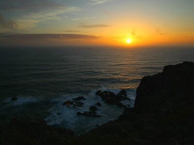 sunset, sky, sea, waves, coast, rocks, orange, dusk, azores, terceira, natural scenery, evening calm, ocean view, calm sea, dramatic sky, sunset over the sea, peaceful scenery, sunlight, evening sun, scenic beauty, nature
