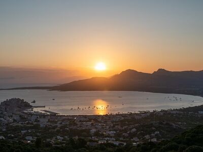 sunrise, calvi, corsica, bay, sea, sky, morning, nature, landscape, mountains, mediterranean, island, summer, vacation, harbor, sun, dawn, water, clouds, france, gulf of calvi
