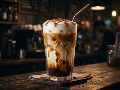 iced coffee, glass, caramel, straw, bar counter, menu board, ambient lighting, hot, beverage, barista, cream, espresso, top view, blurred background, everyday coffee, festive, brown sugar, coffee shop, interior design, café