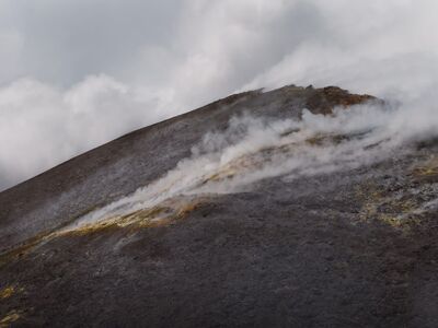 volcano, smoke, night sky, nature, slope, steam, volcanic activity, shale, natural wonder, gray, fog, moon, volcanic ash, light, black, geology, eruption, natural beauty, landscape, sky, wonder