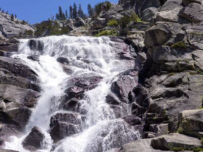 waterfall, landscape, nature, rocks, clear, sunny, mountaineering, snow, blue sky, tourism, summery, strong current, time of day, mountain river, wilderness, hiking, village, erosion, damp