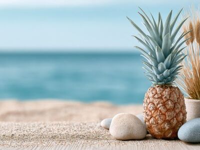 pineapple, beach, sea, sand, ocean, tropical, vacation, holiday, sunny, nature, resort, relax, serene, blue, sky, outdoor, paradise, blue sky, exotic, travel