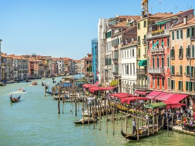 venice, canal, gondola, architecture, historic, buildings, tourism, summery, view, merchants, restaurants, colorful, sunny, europe, tourist, river, tourist attraction, old town, blue sky, cityscape