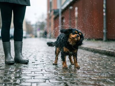 dog, shake, wet, street, urban, mud, winter, boots, cobblestones, pet, walk, raining, men's, long, animal, black, brown, fur, dog walking, paws, dog walk, splash