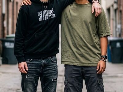 friends, friendship, posing, closeness, outdoors, jeans, parka, neighborhood, adolescence, urban, youthful, natural, candid, enjoying, male friendship, casual fashion, casual wear, camaraderie, multiethnic, everyday