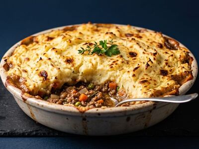shepherd's pie, mashed potato, meat, vegetables, peas, carrots, herbs, dinner, plate, spoon, golden, crisp, rustic, delicious, hearty, comfort, gourmet, culinary, slate