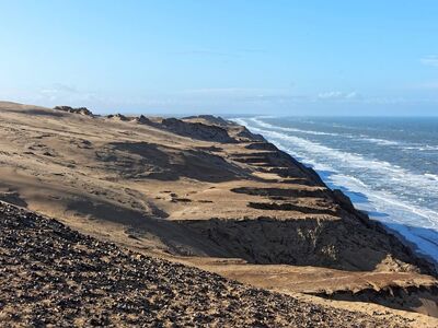 coast, ocean, cliff, sand, natural landscape, coastline, waves, blue sky, panorama, nature, landscape, horizon, sand cliff, wilderness, light, day, namibia coast, drought, coastal area, dry soil