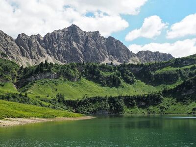 lake, mountain, shore, nature, hiking, landscape, alps, cabin, relaxation, tranquility, outdoors, summer, blue sky, tourism, visibility, silence, clear, hill, idyllic, tannheim valley, europe
