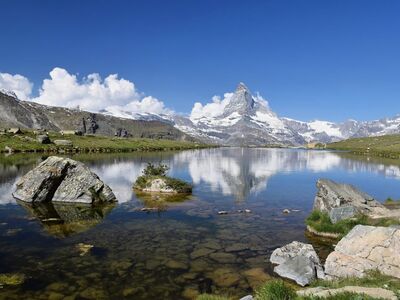 mountain, peak, alps, landscape, clouds, lake, matterhorn, nature, clear sky, rocky hills, reflections, switzerland, pointed mountains, tourism, natural beauty, tranquility, tourist attraction, ecology, travel, adventure