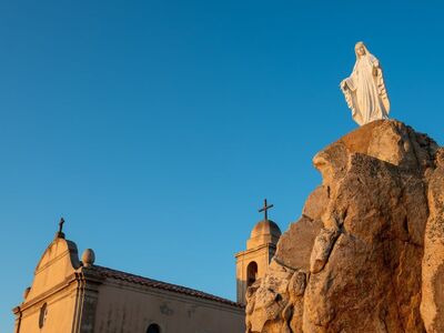statue, church, pilgrimage site, morning, cross, rock formation, blue sky, mary, warm light, religion, corsica, holy mary, sunset, tower, calvi, religious, sculpture, catholicism, silence, center of faith