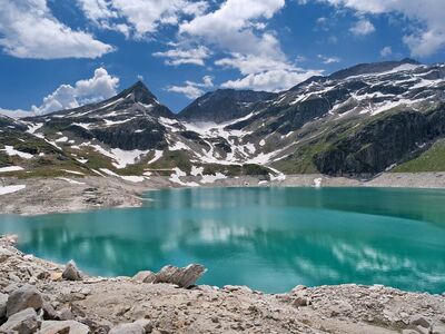 lake, mountains, snow, nature, turquoise water, summer, alps, hiking, panorama, rocky, outdoors, europe, tourist destination, leisure, blue sky, peaceful, postcard, hills, grassy