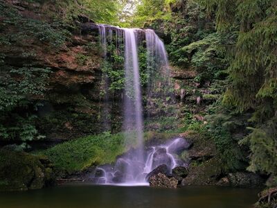 waterfall, forest, nature, rock, green, calm, silence, wild, location, peaceful, tropical, travel, hiking, water, cascade, cliff, vegetation, primary forest, wilderness, rapids