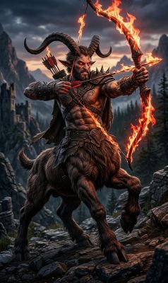 centaur, flaming bow, mythical creature, fantasy art, horror theme, gothic architecture, mountain landscape, flaming arrows, medieval castle, fiery gaze, bearded figure, muscular, medieval warrior, intimidating look, combat stance, medieval armor, dark atmosphere, fantasy warrior, mythical figure, ai generated