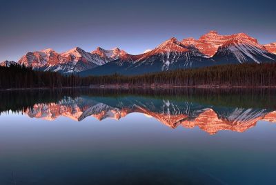 banff, national park, herbert lake, reflection, landscape, nature, canadian rockies, canada, mountains, lake, sunrise, alpenglow, tranquility, mirror, red glow, forest, calm, early morning, landscape photography