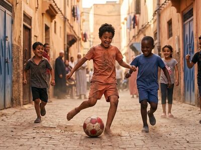 ai generated, football, children, street, ball, game, play, kick, happy, friendship, joy, urban, players, community, cheerful, running, casual wear, laughter, culture, playful, natural