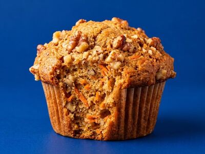 muffin, carrot, walnuts, baked, dessert, snack, food, sweet, pastry, moist, healthy, spiced, cinnamon, crumbly, napkin, baking, blue background, delicious, homemade, golden