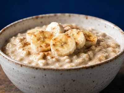 oatmeal, porridge, breakfast, bowl, banana, fruit, cinnamon, healthy, comfort food, warm, grains, milky, nourishment, rustic, spoon, dietary, cooked, textured, sweet, nutritious