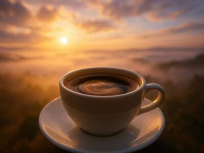 cup, coffee, sunrise, mist, hot drink, nature, relaxation, peaceful, dawn, breakfast, finch, café, coffee cup, cozy, calm, morning, beauty, western style, fine art, aesthetics