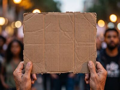 protest, cardboard sign, demonstration, protester, peace, hands, location, activism, empty, justice, city, evening, lighting, change, society, people, movement, democratic, public space, emotional