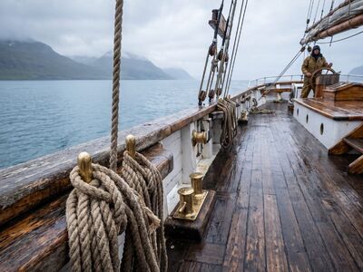 sailing ship, ropes, baltic sea, anchor, deck, water surface, sea landscape, boat, blue sky, sailing, foggy, nature, cruise, adventure, tourism, vacation, rough sea, coastal view, wooden deck