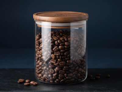 coffee, glass, jar, lid, wood, dark, brown, storage, ingredient, aroma, fresh, kitchen, scent, natural, organic, premium, food, strength, morning, living