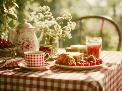breakfast, food, tea, fruits, flower background, raspberries, basket, rose, coffee, juice, tea cup, decorative, nature, flower wallpaper, coffee cup, table, tea set, beautiful flowers, red and white, cup, rose flower, bright, outdoor, pastry, shady, flowers, rural