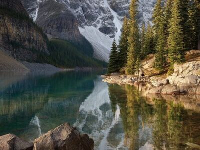 mountain, lake, forest, reflection, rock, tree, nature, panorama, peaceful, afternoon, water surface, mirroring, woodland, dawn, tower, peak, calm, north america, light reflection, beauty