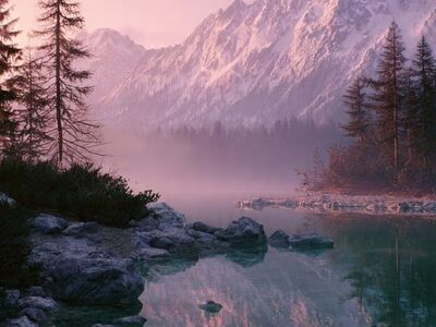 mountains, lake, reflection, snow, nature, sunset, mist, forest, tree, dawn, pink, mirroring, conifers, rocky, chilly, water reflection, serenity, hiking, peace