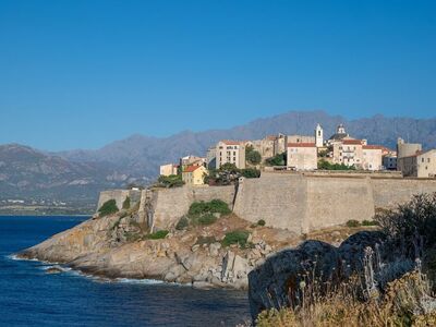 corsica, mountain, sea, evening light, city, fortification, mediterranean, travel, sunset, summer, old town, landscape, coast, rocky coast, scenic view, calvi, citadel, attraction, balagne