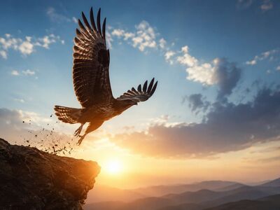 eagle, bird, sky, nature, sunset, forest, wings, flying, mountains, scene, wild, horizon, freedom, pure beauty, cliff, dawn, beak, chalk, panorama