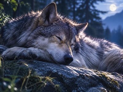 wolf, nature, mountain, sleep, night, moon, forest, stars, wild, animal, mammal, calm, evening, wilderness, peace, den, relaxation, solitary, harmony, silence