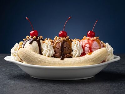banana, ice cream, chocolate, strawberry, vanilla, whipped cream, cherry, nuts, dessert, refreshment, summer, nature, bowl, split, syrup, delicious, treat, creamy, sweet, texture, indulgence