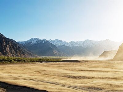 mountain, desert, valley, light cloud, karakoram, green strip, dry, sun, sky, sand, light, dune, pakistan, stream, rock, gray, landscape, outdoor, view, strong, sand color