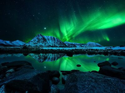 aurora borealis, night sky, stars, mountain, reflection, rocks, water, lake, winter, nordic countries, snowy landscape, nature, norwegian landscape, beauty, tourism, tranquility, midnight sun, lights, night, scandinavia, magic