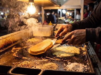 street food, night market, cooking, grilling, thai food, person, hands, plate, light, flat top, in the background, griddle, restaurant, fried eggs, grill kitchen, smoke, outdoor cooking, thai vendor, light bulb, demonstration, busy market